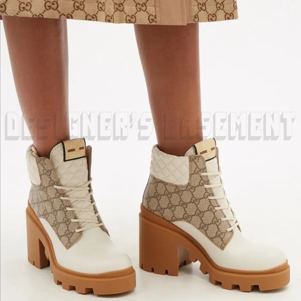 GUCCI 40 beige GG canvas quilted Leather TRIP logo platform Combat ankle Booties - Picture 7 of 14